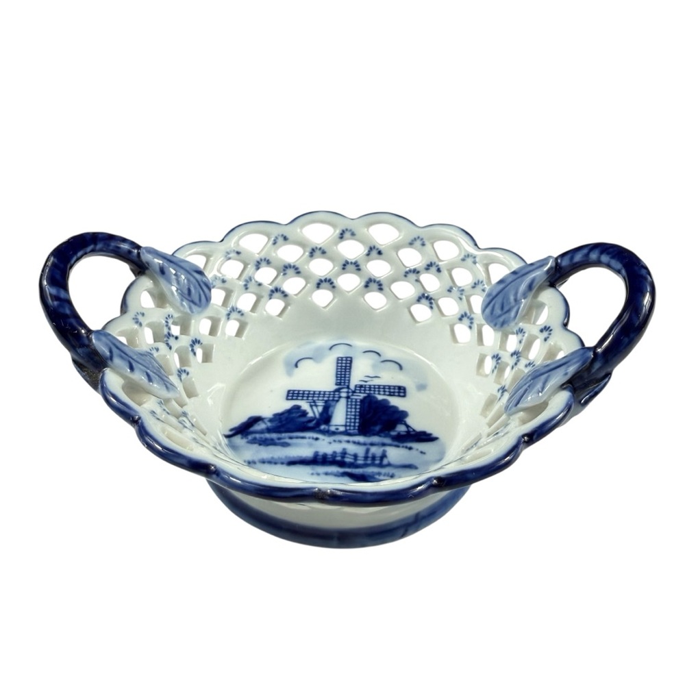 Vintage Delft Ware Bonbon Dish with Windmill scene.